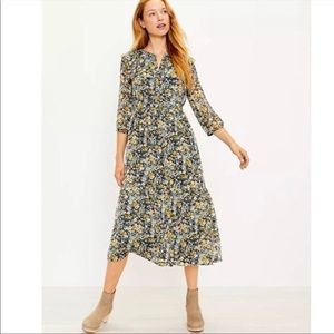 NWT Loft Floral Print Blue & Yellow Tiered Shirt Dress